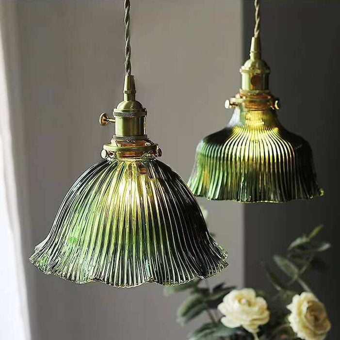 Modern Minimalist Copper and Walnut Pendant Light with Glass Shade