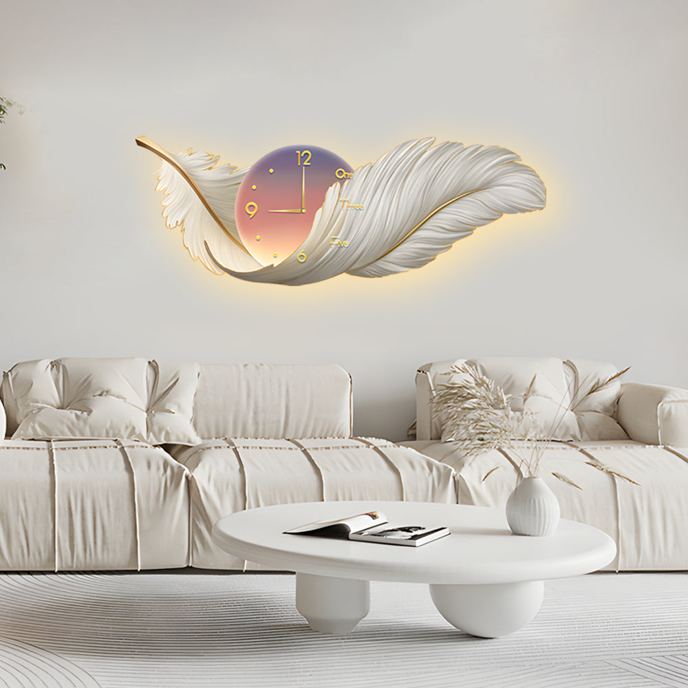 Modern LED Feather Wall Lamp with Art Clock - Elegant Home Decor