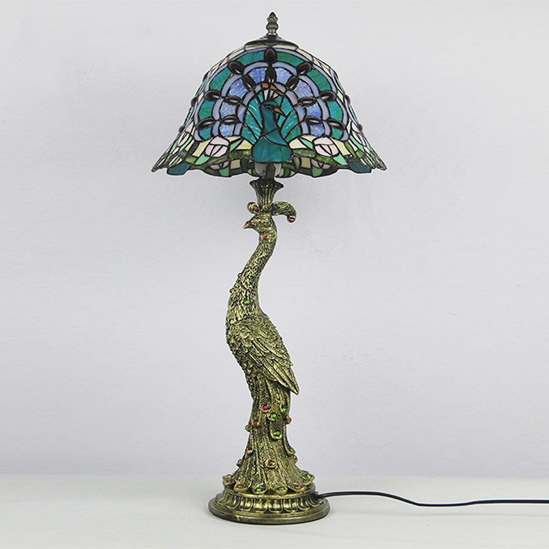 Vintage Tiffany Peacock Glass Dome Table Lamp - 1-Light