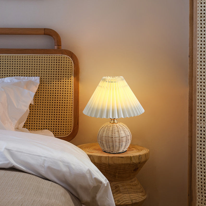 Nordic Rattan Pleated LED Table Lamp for Bedroom