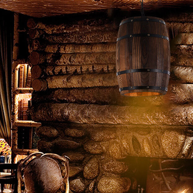 Rustic Round Wooden Wine Barrel Pendant Light