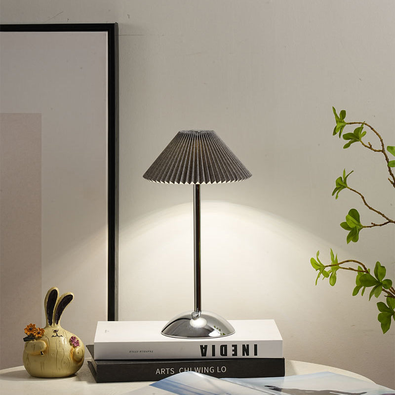 Scandinavian Rechargeable Conic Pleated Table Lamp - 1-Light Bedside Design