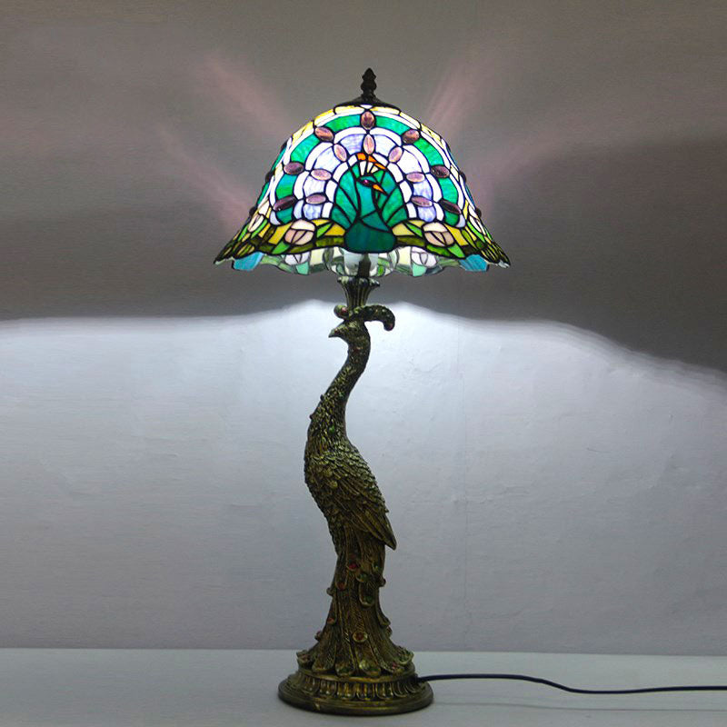 Vintage Tiffany Peacock Glass Dome Table Lamp - 1-Light