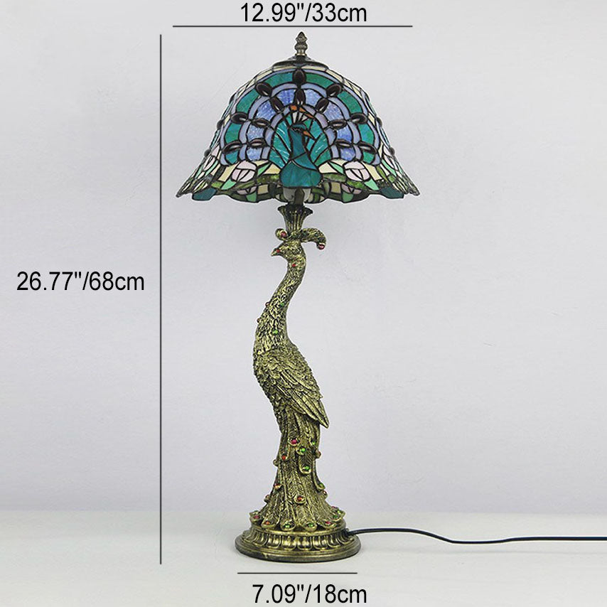 Vintage Tiffany Peacock Glass Dome Table Lamp - 1-Light