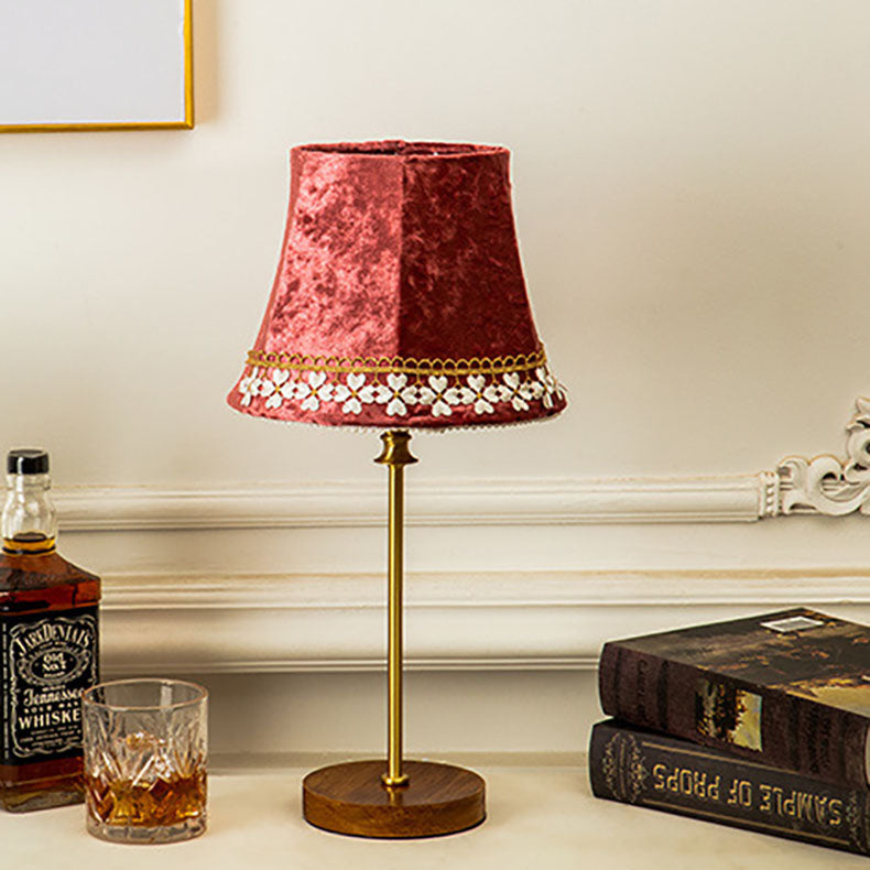 Velvet Copper Wood Drum Table Lamp - 1-Light Design for Living Room