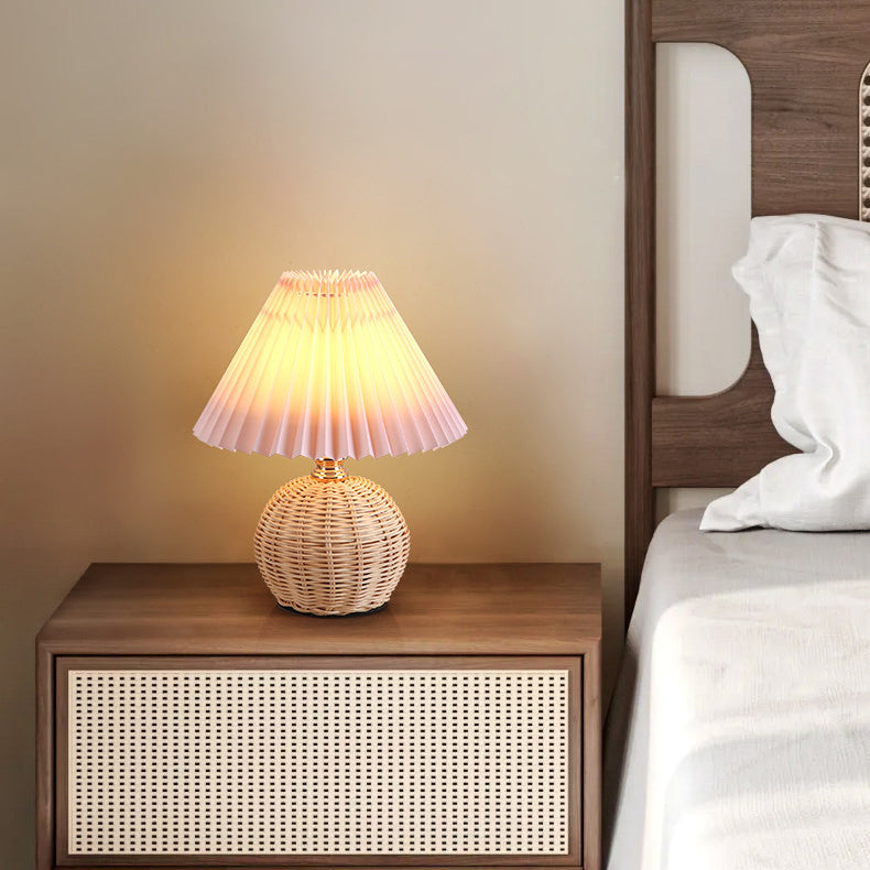 Nordic Rattan Pleated LED Table Lamp for Bedroom