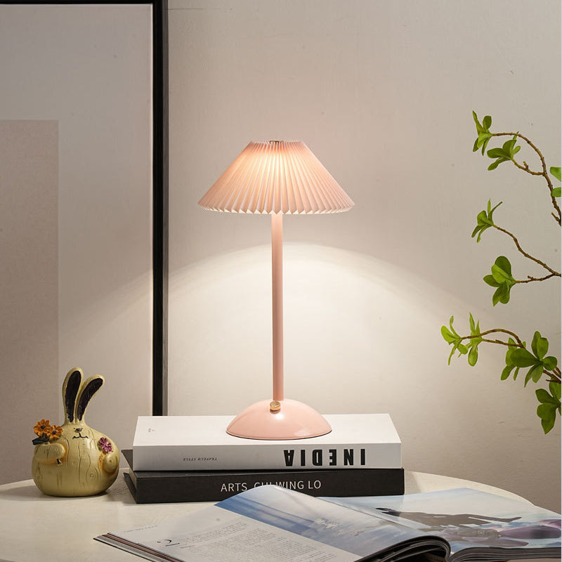 Scandinavian Rechargeable Conic Pleated Table Lamp - 1-Light Bedside Design
