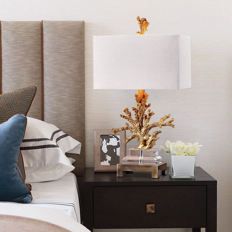 Art Deco Linen and Resin Table Lamp with Coral Base - 1-Light Design for Bedroom