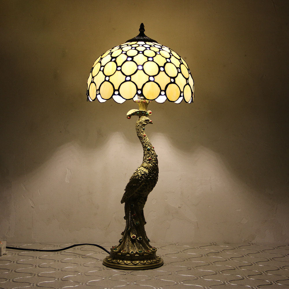 Vintage Tiffany Peacock Glass Dome Table Lamp - 1-Light