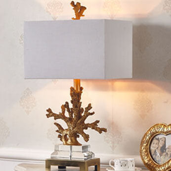 Art Deco Linen and Resin Table Lamp with Coral Base - 1-Light Design for Bedroom