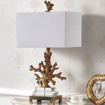 Art Deco Linen and Resin Table Lamp with Coral Base - 1-Light Design for Bedroom