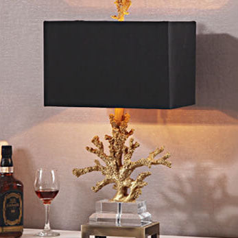 Art Deco Linen and Resin Table Lamp with Coral Base - 1-Light Design for Bedroom