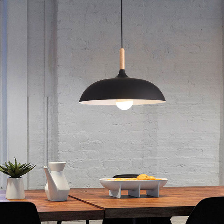 Contemporary Metal & Wood Dome Pendant Light