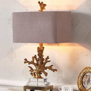 Art Deco Linen and Resin Table Lamp with Coral Base - 1-Light Design for Bedroom