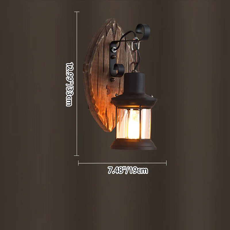 Farmhouse Wood Disc Wall Sconce with Iron Shade