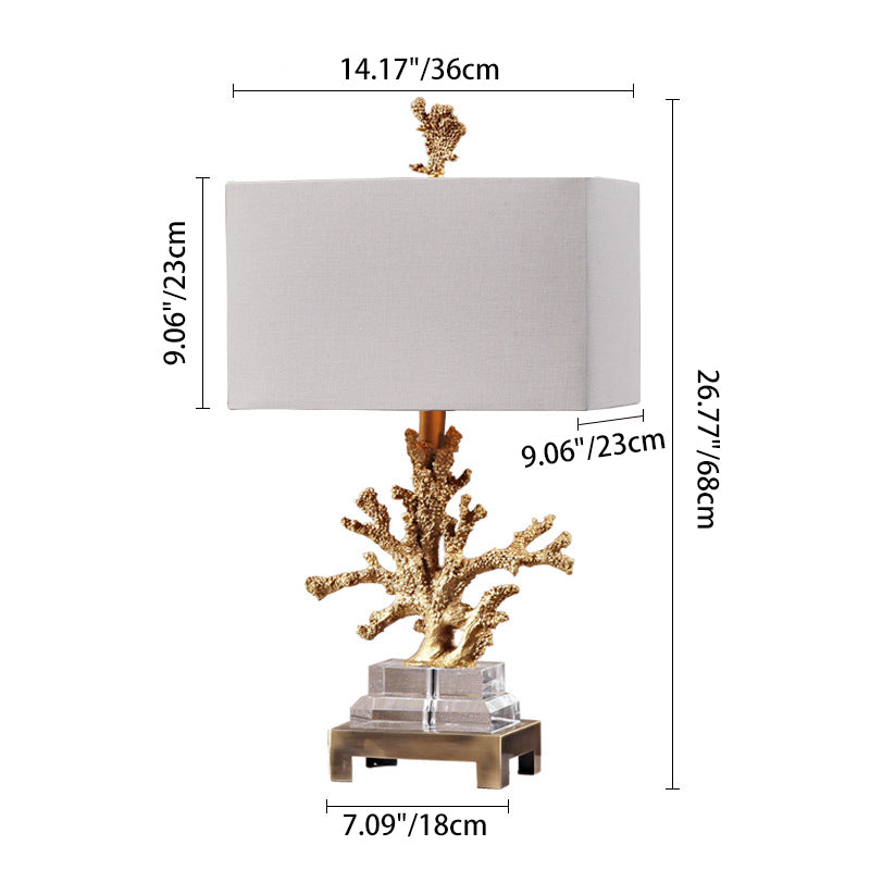Art Deco Linen and Resin Table Lamp with Coral Base - 1-Light Design for Bedroom