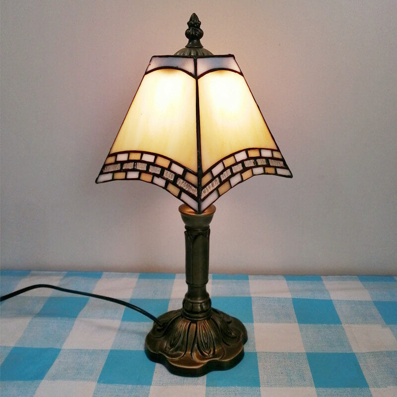 Vintage European Tiffany Square Stained Glass Table Lamp - 1 Light