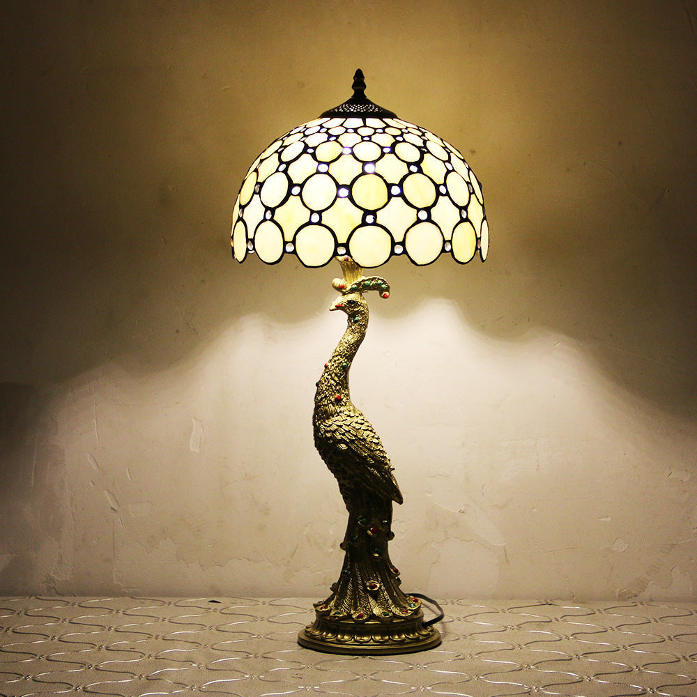 Vintage Tiffany Peacock Glass Dome Table Lamp - 1-Light