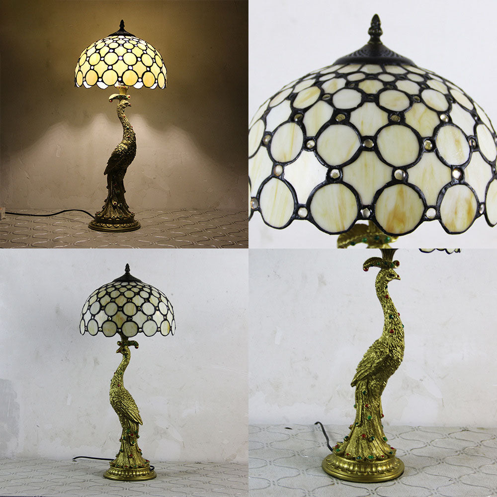 Vintage Tiffany Peacock Glass Dome Table Lamp - 1-Light