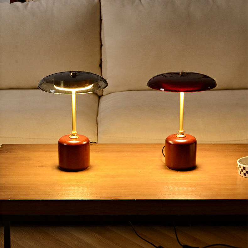Modern Retro Brass and Wood Round LED Table Lamp