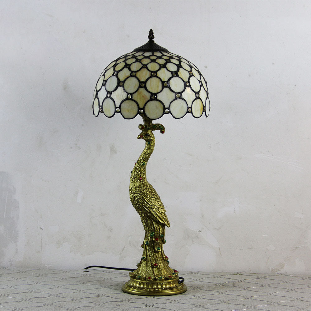 Vintage Tiffany Peacock Glass Dome Table Lamp - 1-Light
