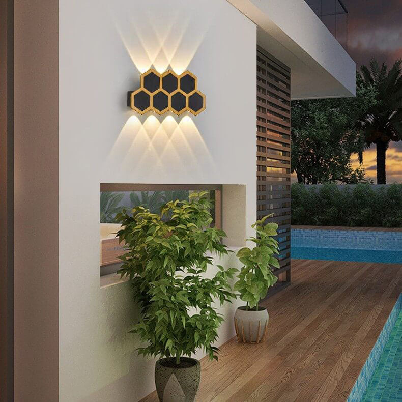 Premium Hexagonal Black and Gold LED Outdoor Wall Sconce