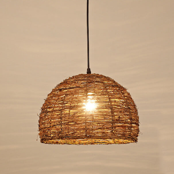 Vintage Rattan Dome Pendant Light - 1-Light Fixture
