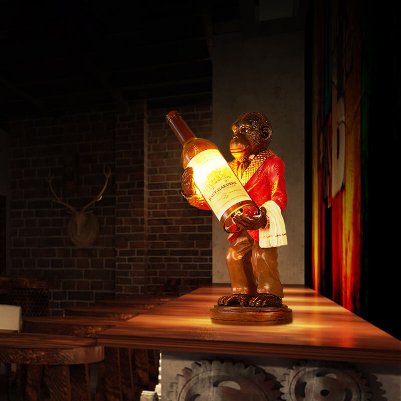 Vintage Monkey Resin Table Lamp with Wine Bottle Design - 1-Light Decor