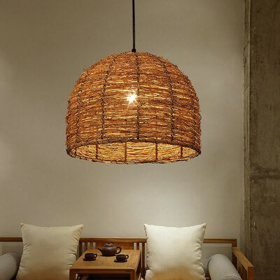 Vintage Rattan Dome Pendant Light - 1-Light Fixture