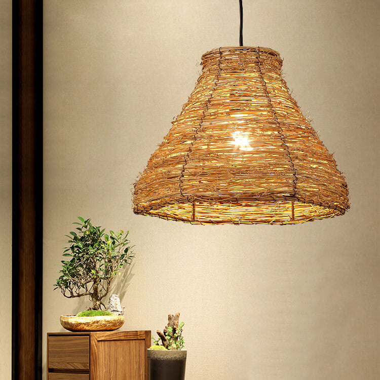 Vintage Rattan Dome Pendant Light - 1-Light Fixture