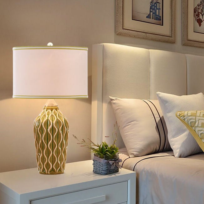 Contemporary Fabric and Ceramic 1-Light Table Lamp with Ice Crack Finish