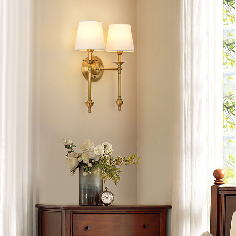 Contemporary Brass Wall Sconce, Fabric Shade