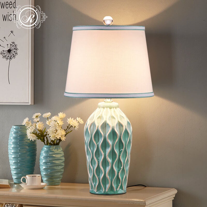 Contemporary Fabric and Ceramic 1-Light Table Lamp with Ice Crack Finish