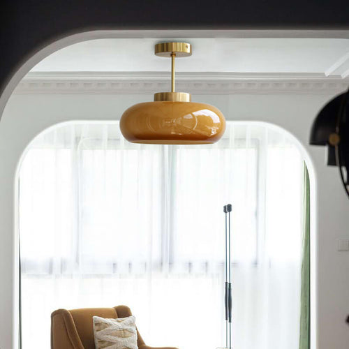 Brass and Yellow Glass Semi-Flush Mount Ceiling Light