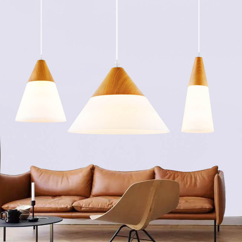 Nordic Wood Grain Cone Pendant Light - 1-Light Glass Fixture