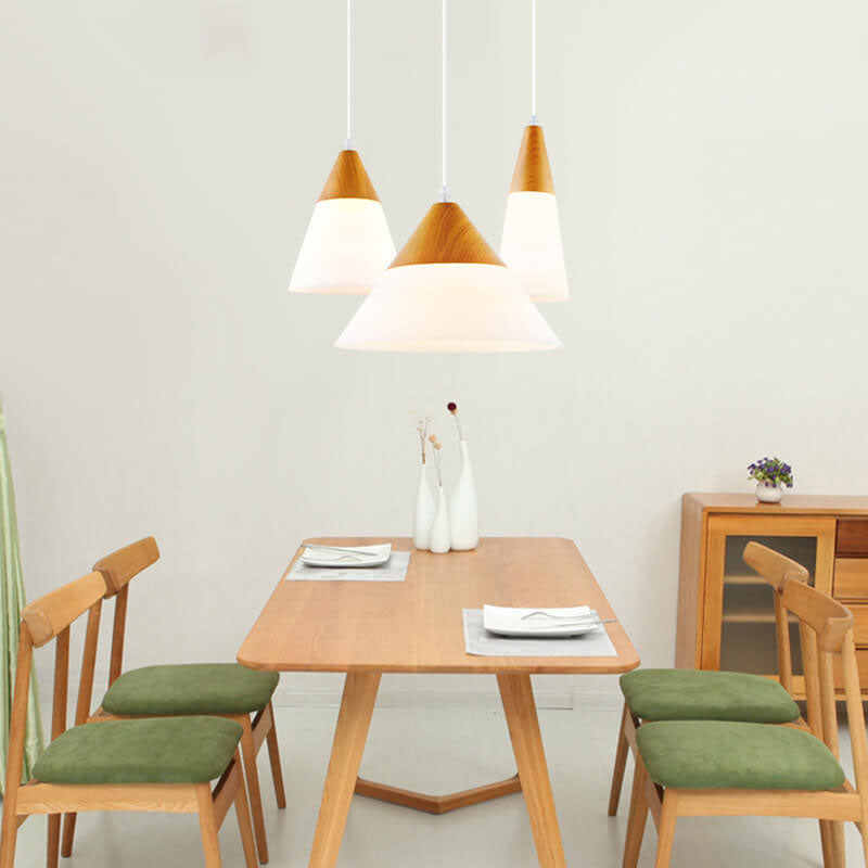Nordic Wood Grain Cone Pendant Light - 1-Light Glass Fixture