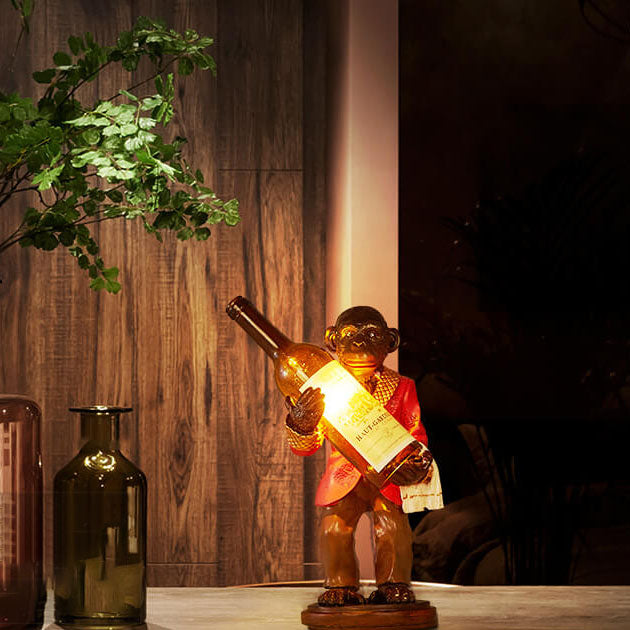 Vintage Monkey Resin Table Lamp with Wine Bottle Design - 1-Light Decor
