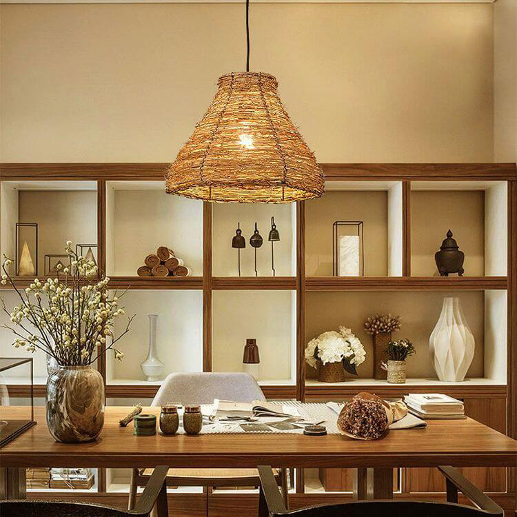 Vintage Rattan Dome Pendant Light - 1-Light Fixture