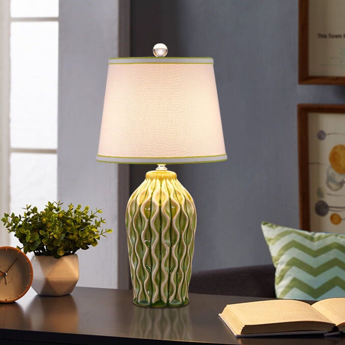 Contemporary Fabric and Ceramic 1-Light Table Lamp with Ice Crack Finish