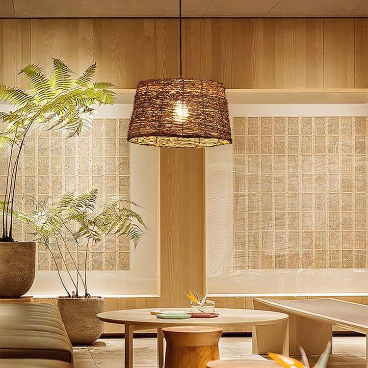 Vintage Rattan Dome Pendant Light - 1-Light Fixture