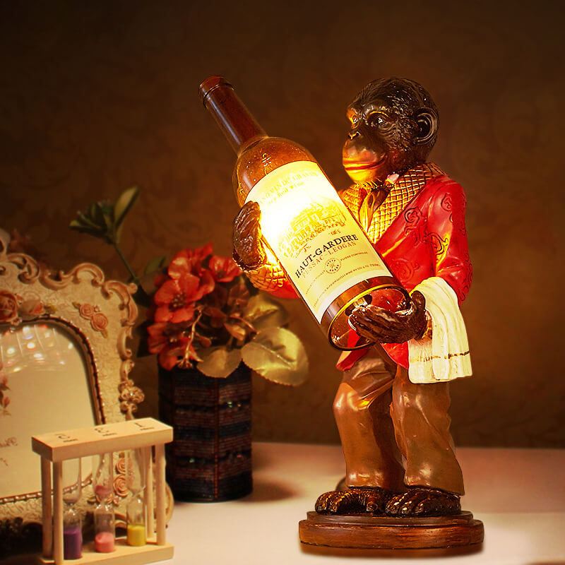 Vintage Monkey Resin Table Lamp with Wine Bottle Design - 1-Light Decor