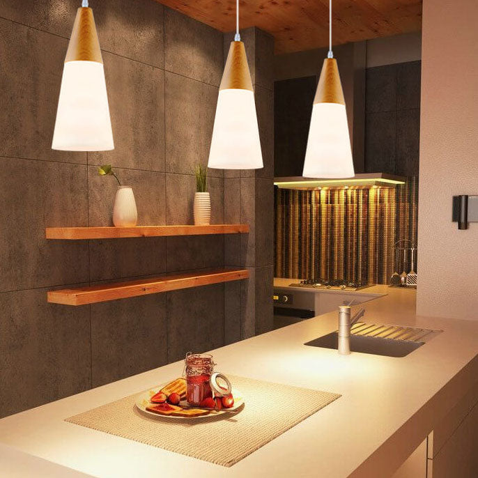 Nordic Wood Grain Cone Pendant Light - 1-Light Glass Fixture