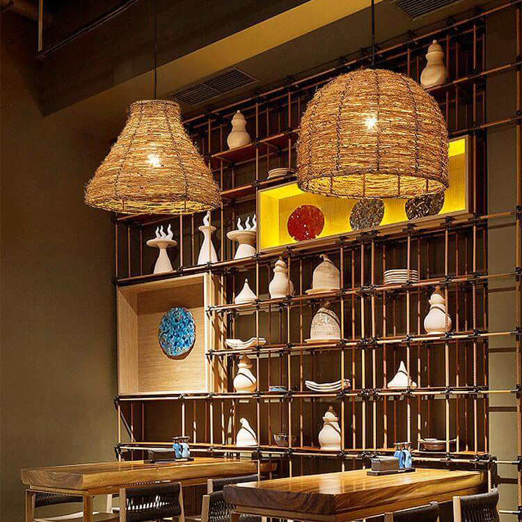 Vintage Rattan Dome Pendant Light - 1-Light Fixture