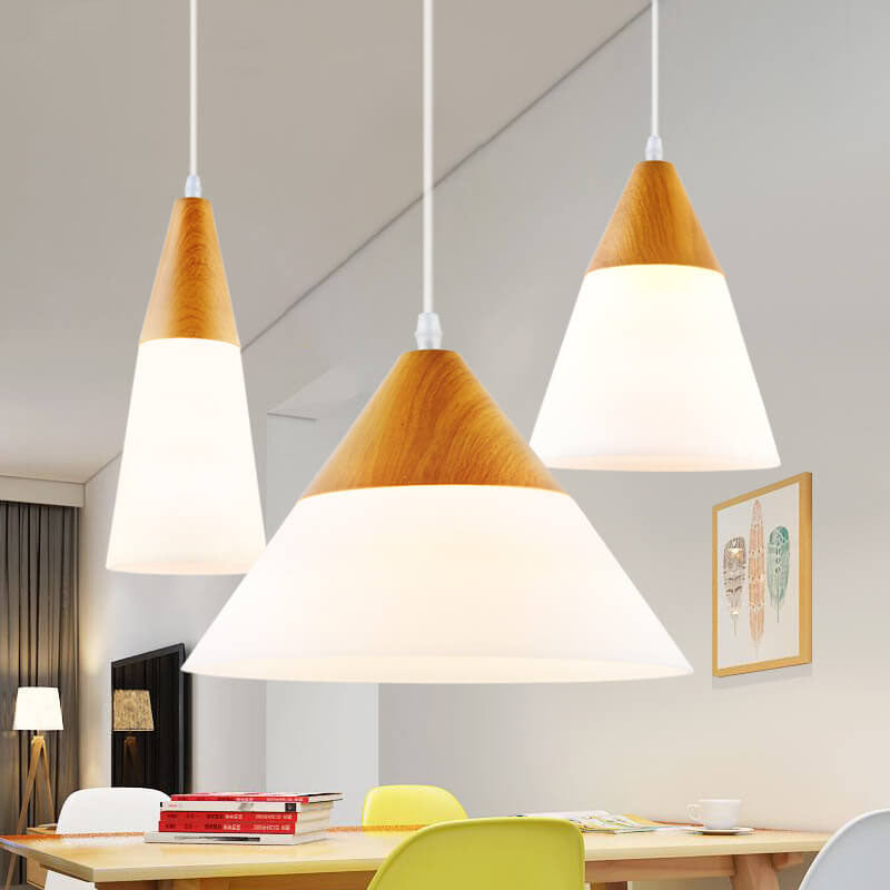 Nordic Wood Grain Cone Pendant Light - 1-Light Glass Fixture