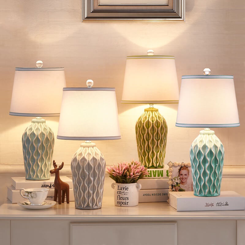 Contemporary Fabric and Ceramic 1-Light Table Lamp with Ice Crack Finish