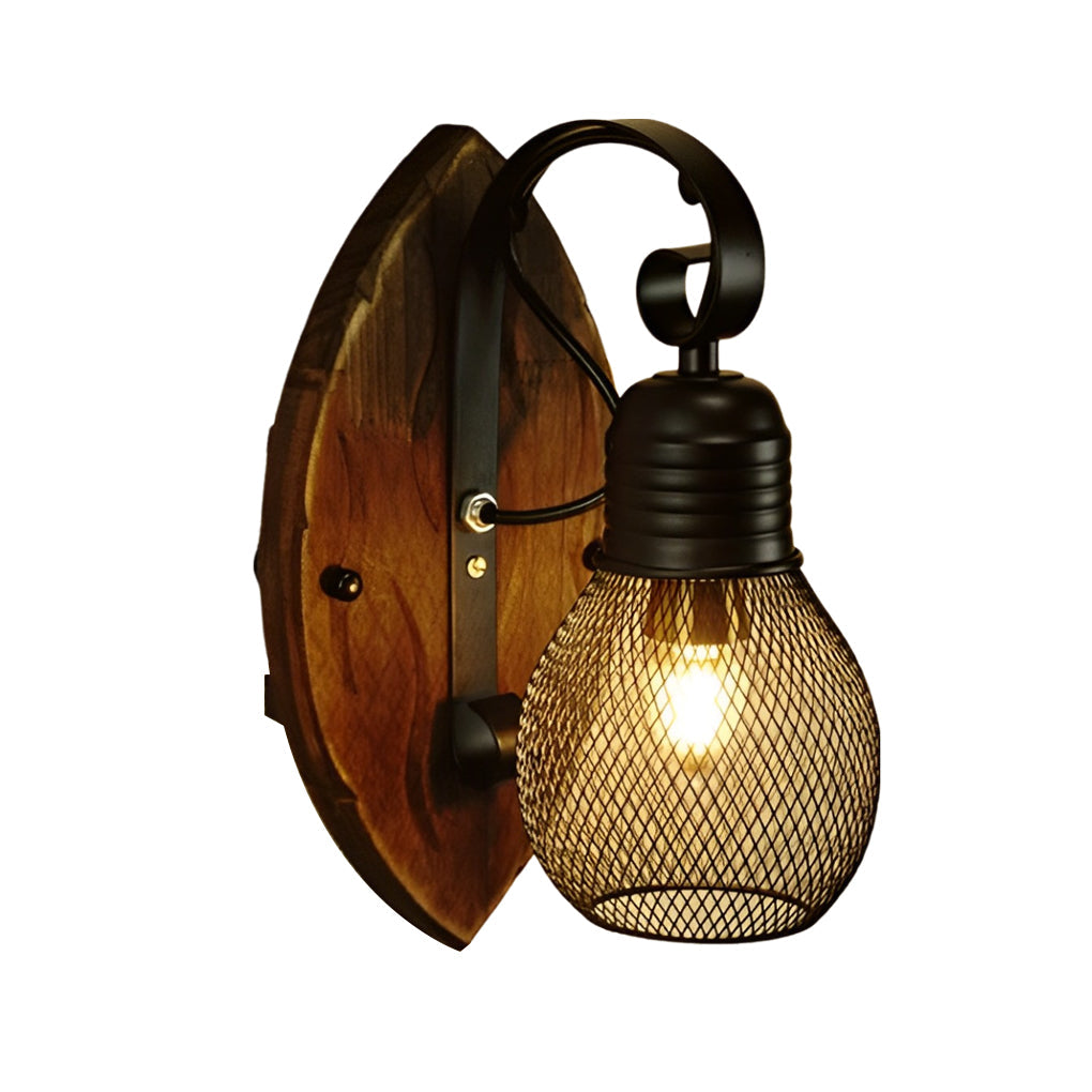 Industrial Style Black Iron and Wood Wall Lamp with E27 Socket