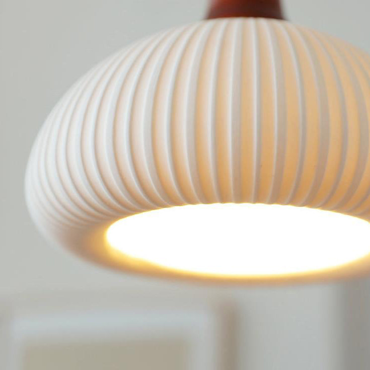 Vintage Japanese Ceramic Dome Pendant Light with Wood