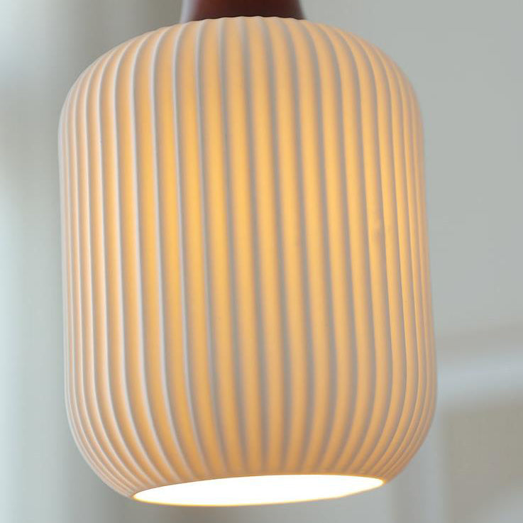 Vintage Japanese Ceramic Dome Pendant Light with Wood