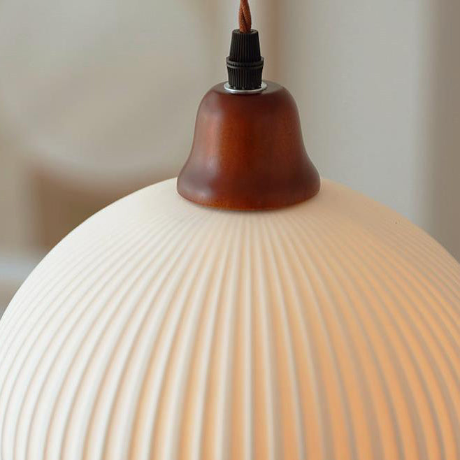 Vintage Japanese Ceramic Dome Pendant Light with Wood