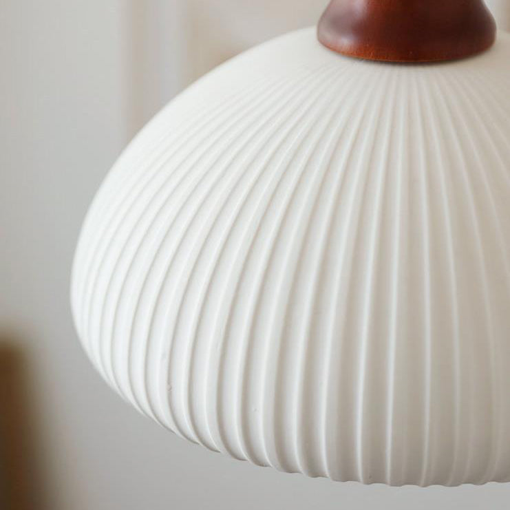 Vintage Japanese Ceramic Dome Pendant Light with Wood